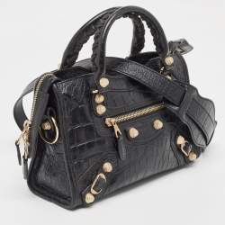 Pre Owned Balenciaga Black Croc Embossed Leather Mini RH Classic City Bag
