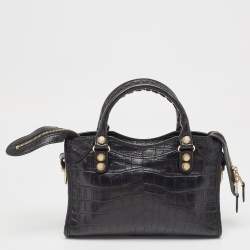Pre Owned Balenciaga Black Croc Embossed Leather Mini RH Classic City Bag
