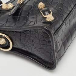 Pre Owned Balenciaga Black Croc Embossed Leather Mini RH Classic City Bag