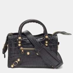 Pre Owned Balenciaga Black Croc Embossed Leather Mini RH Classic City Bag