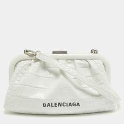 Pre Owned Balenciaga White Croc Embossed Leather Cloud Clutch Bag