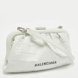 Pre Owned Balenciaga White Croc Embossed Leather Cloud Clutch Bag