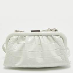 Pre Owned Balenciaga White Croc Embossed Leather Cloud Clutch Bag