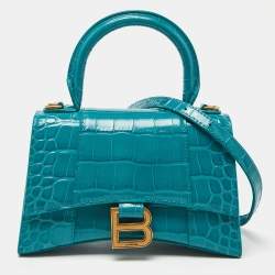 Balenciaga Green Croc Embossed Leather XS Hourglass Top Handle Bag