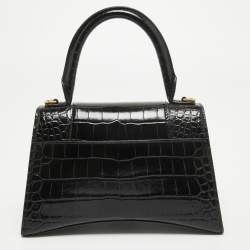 مملوكة مسبقًا Balenciaga Black Croc Embossed Leather Small Hourglass Top Handle Bag