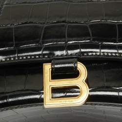 مملوكة مسبقًا Balenciaga Black Croc Embossed Leather Small Hourglass Top Handle Bag