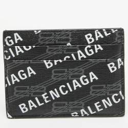 Pre Owned Balenciaga Black/White Printed Logo Leather Card Holder