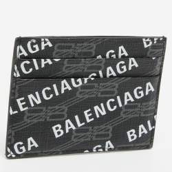 Pre Owned Balenciaga Black/White Printed Logo Leather Card Holder