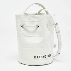 Pre Owned Balenciaga White Croc Embossed Leather XS Everyday Bucket Bag