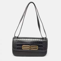 مملوكة مسبقًا Balenciaga Black Croc Embossed Leather Small Gossip Shoulder Bag