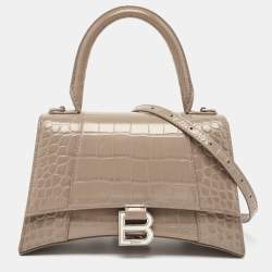 Pre Owned Balenciaga Dark Beige Croc Embossed Leather Small Hourglass Top Handle Bag