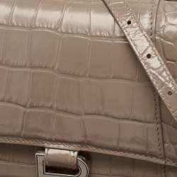 Pre Owned Balenciaga Dark Beige Croc Embossed Leather Small Hourglass Top Handle Bag