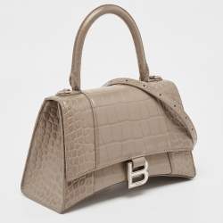 Pre Owned Balenciaga Dark Beige Croc Embossed Leather Small Hourglass Top Handle Bag