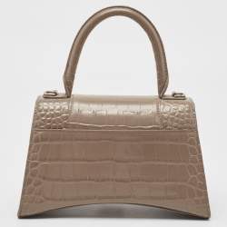 Pre Owned Balenciaga Dark Beige Croc Embossed Leather Small Hourglass Top Handle Bag