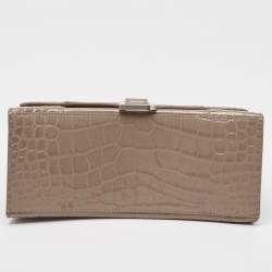 Pre Owned Balenciaga Dark Beige Croc Embossed Leather Small Hourglass Top Handle Bag