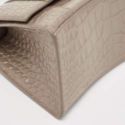 Pre Owned Balenciaga Dark Beige Croc Embossed Leather Small Hourglass Top Handle Bag