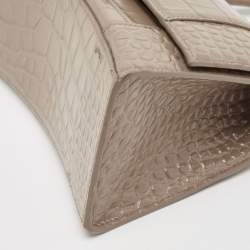 Pre Owned Balenciaga Dark Beige Croc Embossed Leather Small Hourglass Top Handle Bag