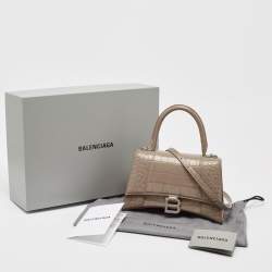 Pre Owned Balenciaga Dark Beige Croc Embossed Leather Small Hourglass Top Handle Bag