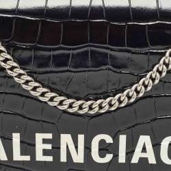 Pre Owned Balenciaga Black Croc Embossed Leather Ville Chain Clutch