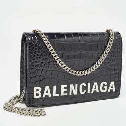 Pre Owned Balenciaga Black Croc Embossed Leather Ville Chain Clutch
