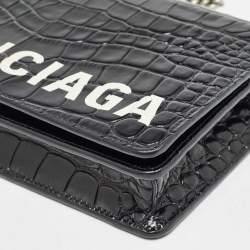 Pre Owned Balenciaga Black Croc Embossed Leather Ville Chain Clutch