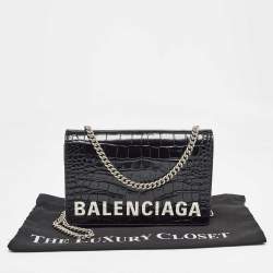 Pre Owned Balenciaga Black Croc Embossed Leather Ville Chain Clutch