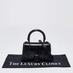 Pre Owned Balenciaga Black Croc Embossed Leather XS Hourglass Top Handle Bag