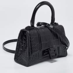 Pre Owned Balenciaga Black Croc Embossed Leather XS Hourglass Top Handle Bag