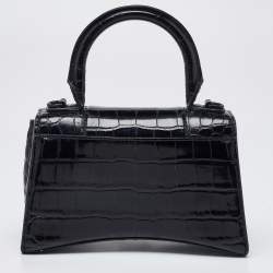 Pre Owned Balenciaga Black Croc Embossed Leather XS Hourglass Top Handle Bag