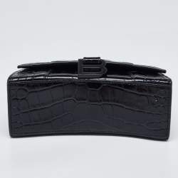 Pre Owned Balenciaga Black Croc Embossed Leather XS Hourglass Top Handle Bag