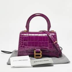 Pre Owned Balenciaga Purple Croc Embossed Leather XS Hourglass Top Handle Bag