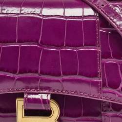 Pre Owned Balenciaga Purple Croc Embossed Leather XS Hourglass Top Handle Bag