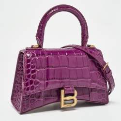 Pre Owned Balenciaga Purple Croc Embossed Leather XS Hourglass Top Handle Bag