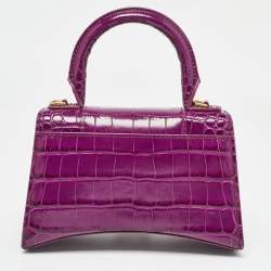 Pre Owned Balenciaga Purple Croc Embossed Leather XS Hourglass Top Handle Bag