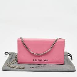 Pre Owned Balenciaga Pink Leather Logo Flap Chain Clutch