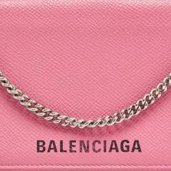 Pre Owned Balenciaga Pink Leather Logo Flap Chain Clutch