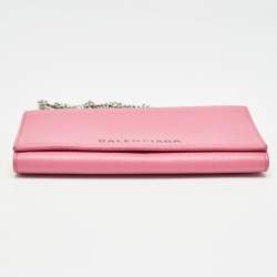 Pre Owned Balenciaga Pink Leather Logo Flap Chain Clutch