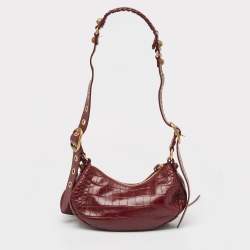 Pre Owned Balenciaga Burgundy Croc Embossed Leather XS Le Cagole Shoulder Bag
