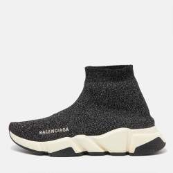 Balenciaga Black Glitter Knit Fabric Speed Trainer High Top Sneakers Size 37 Balenciaga TLC