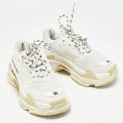 Balenciaga White Faux Leather and Mesh Triple S Sneakers Size 36