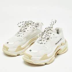 Balenciaga White Faux Leather and Mesh Triple S Sneakers Size 36