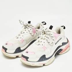 Balenciaga White/Pink Mesh and Faux Leather Triple S Sneakers Size 38