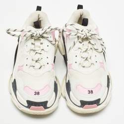 Balenciaga White/Pink Mesh and Faux Leather Triple S Sneakers Size 38