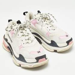 Balenciaga White/Pink Mesh and Faux Leather Triple S Sneakers Size 38