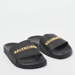 Pre Owned Balenciaga Black Rubber Embossed Logo Pool Slides Size 41