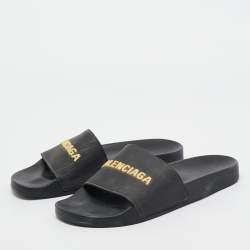 Pre Owned Balenciaga Black Rubber Embossed Logo Pool Slides Size 41