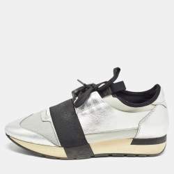 Balenciaga Silver/Grey Leather and Knit Fabric Race Runner Sneakers Size 40