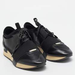 Pre Owned Balenciaga Black Leather and Fabric Race Runner Sneakers Size 37
