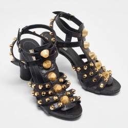 Pre Owned Balenciaga Black Leather Studded Ankle Strap Sandals Size 41