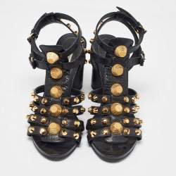 Pre Owned Balenciaga Black Leather Studded Ankle Strap Sandals Size 41